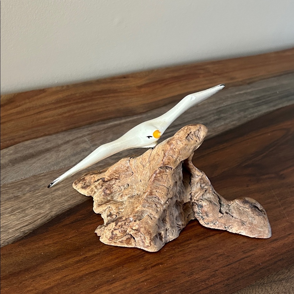 Graceful White Bird Figurine on Rustic Wood Base